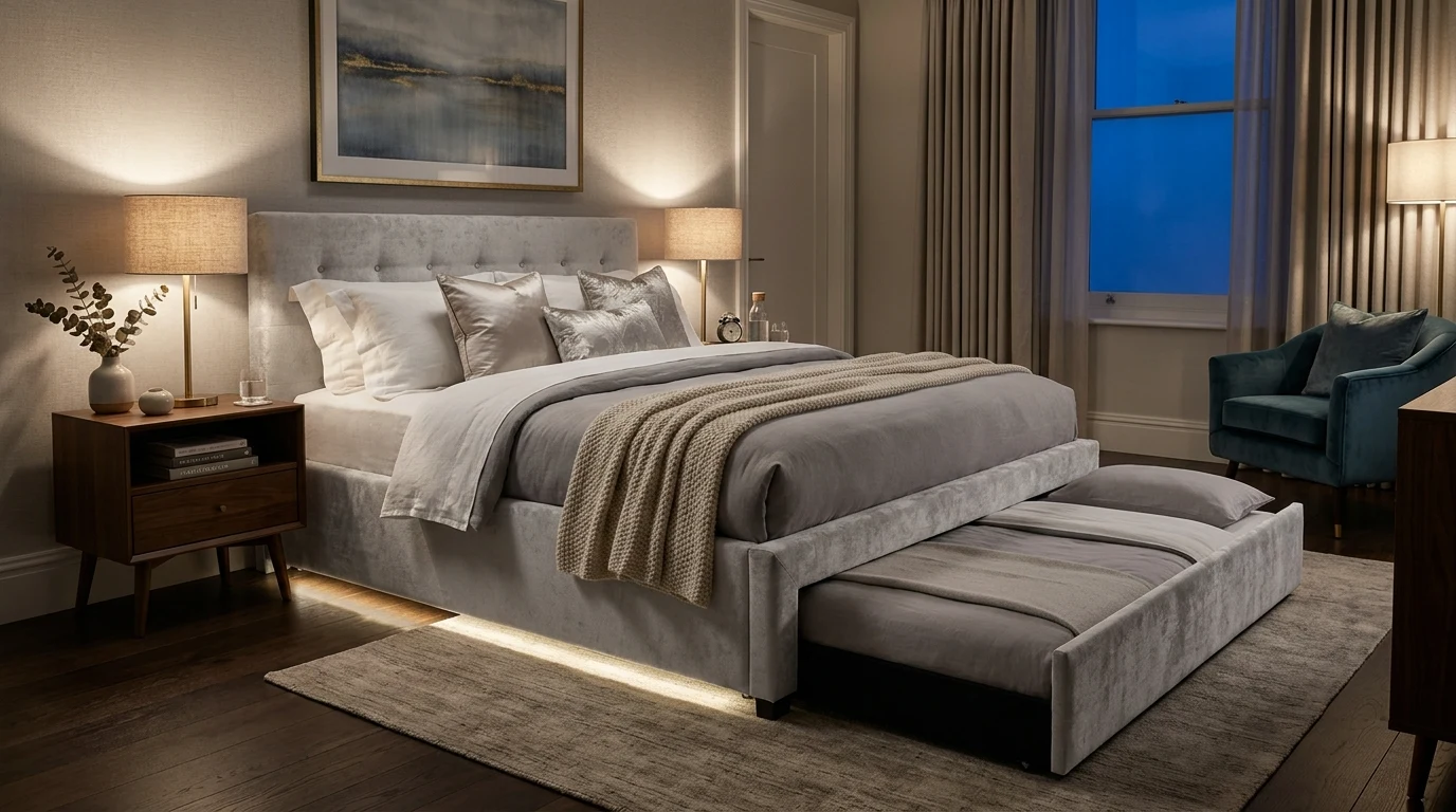 Teen bedroom with trundle bed and under shelf lighting
