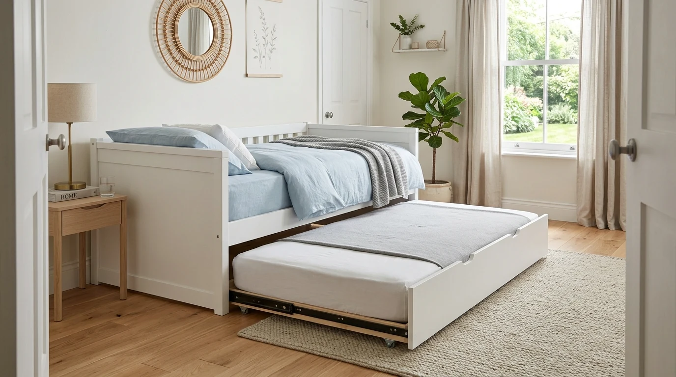 Traditional guest room with tailored trundle bed and layered pillows