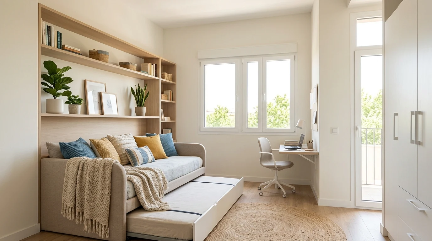 Luxury small bedroom with custom built in trundle and drawer storage