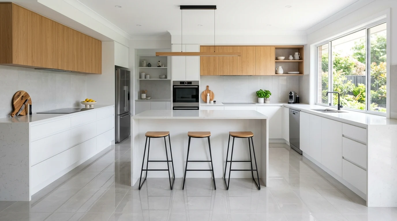 Kitchen with porcelain stone look tile and clean grout lines