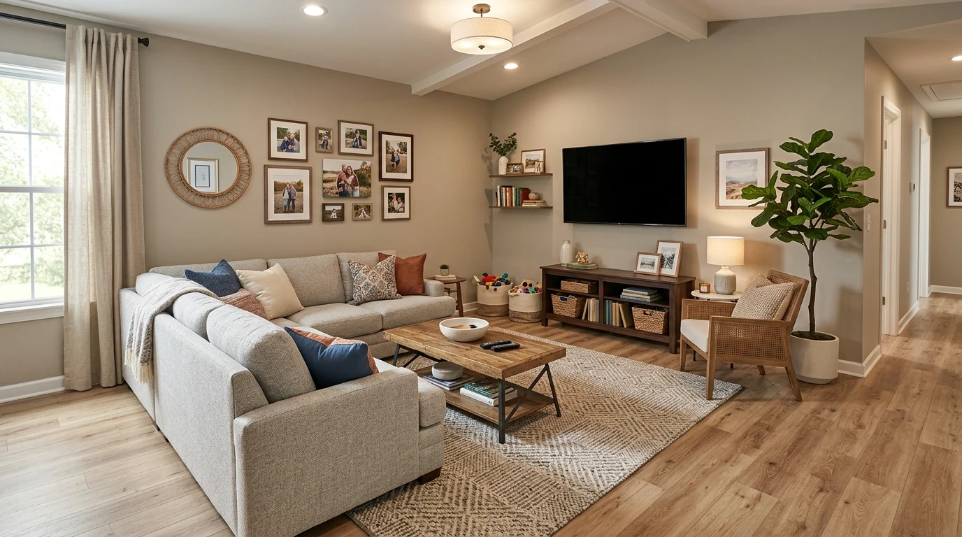 Open plan home with consistent flooring connecting kitchen and living areas