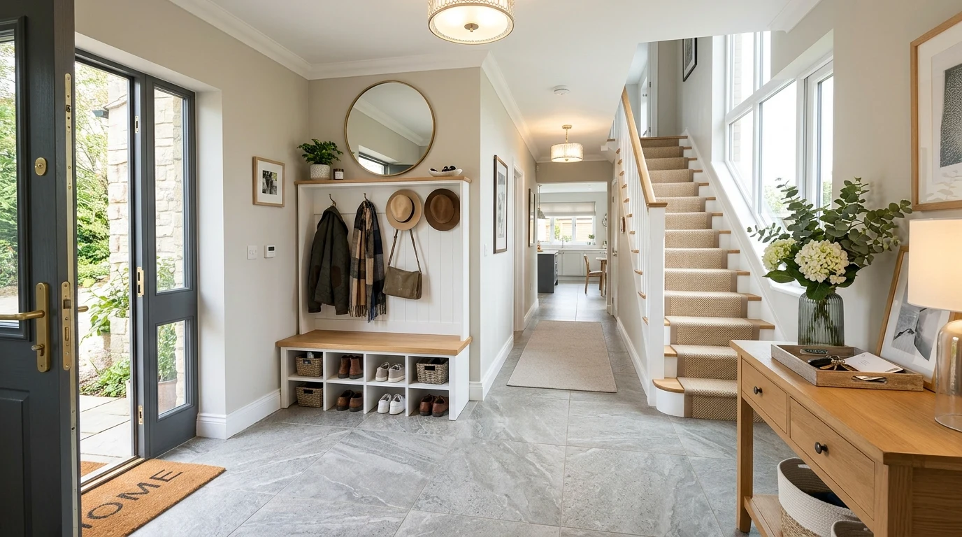 Luxury home interior with natural stone foyer transitioning to wood floors