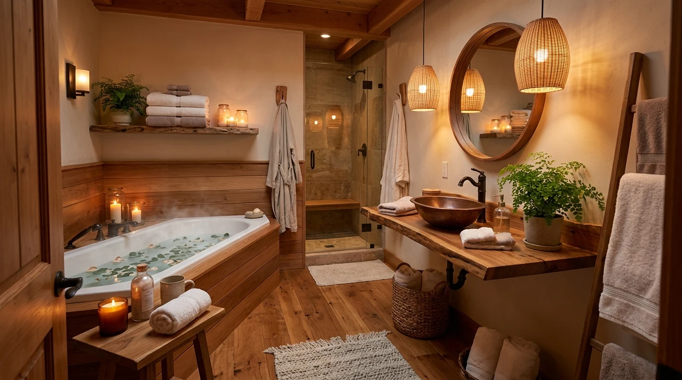 Bathroom vanity wall with floating wood cabinet and round backlit mirror