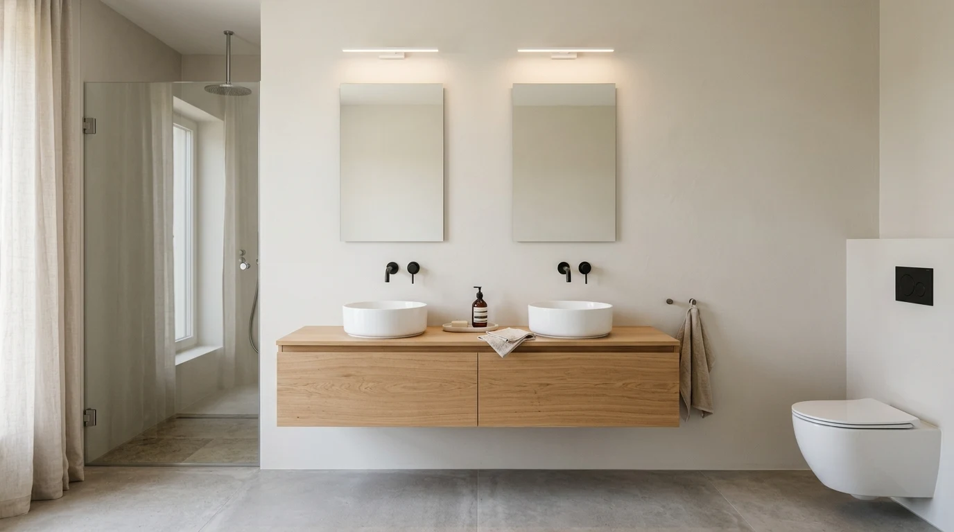 Small bathroom transformed with pale tile and recessed niche storage
