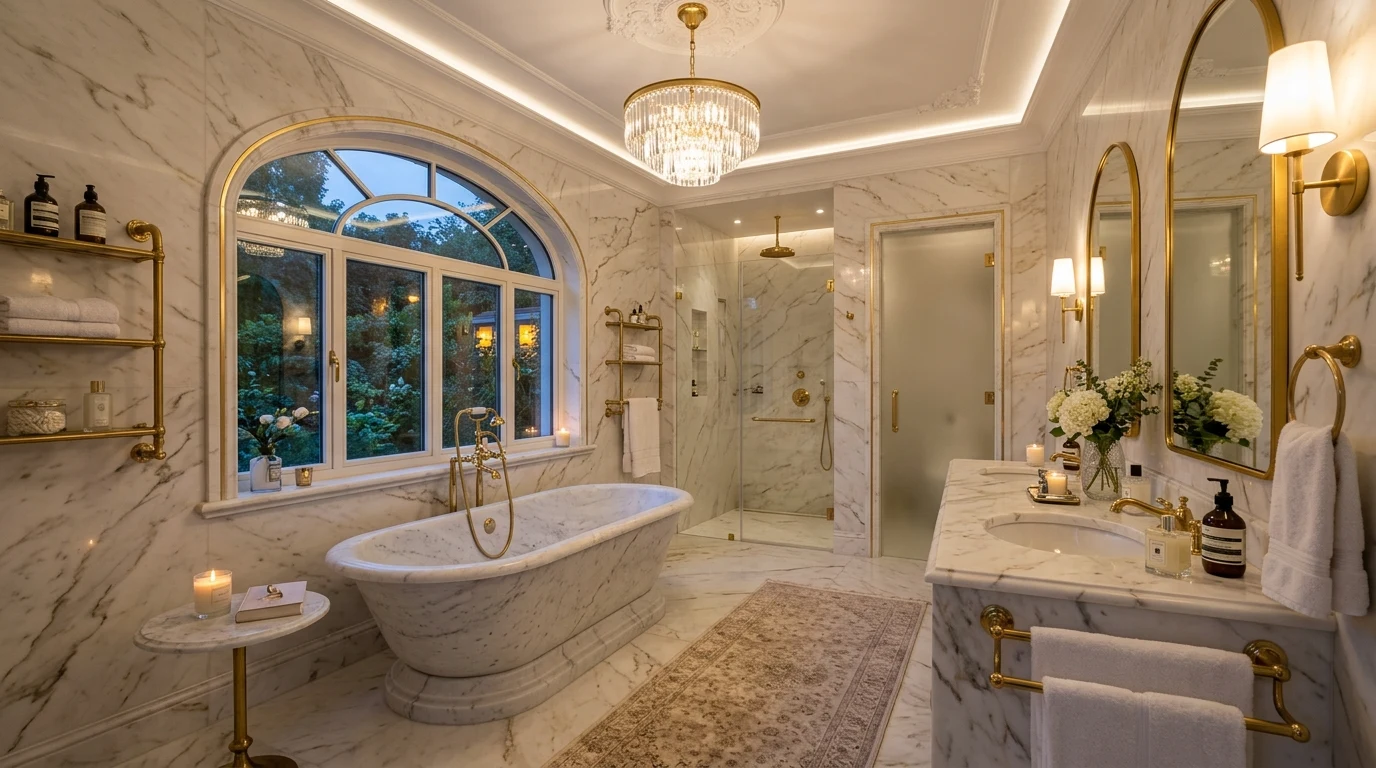 Spa bathroom with warm travertine textures and brushed brass fixtures