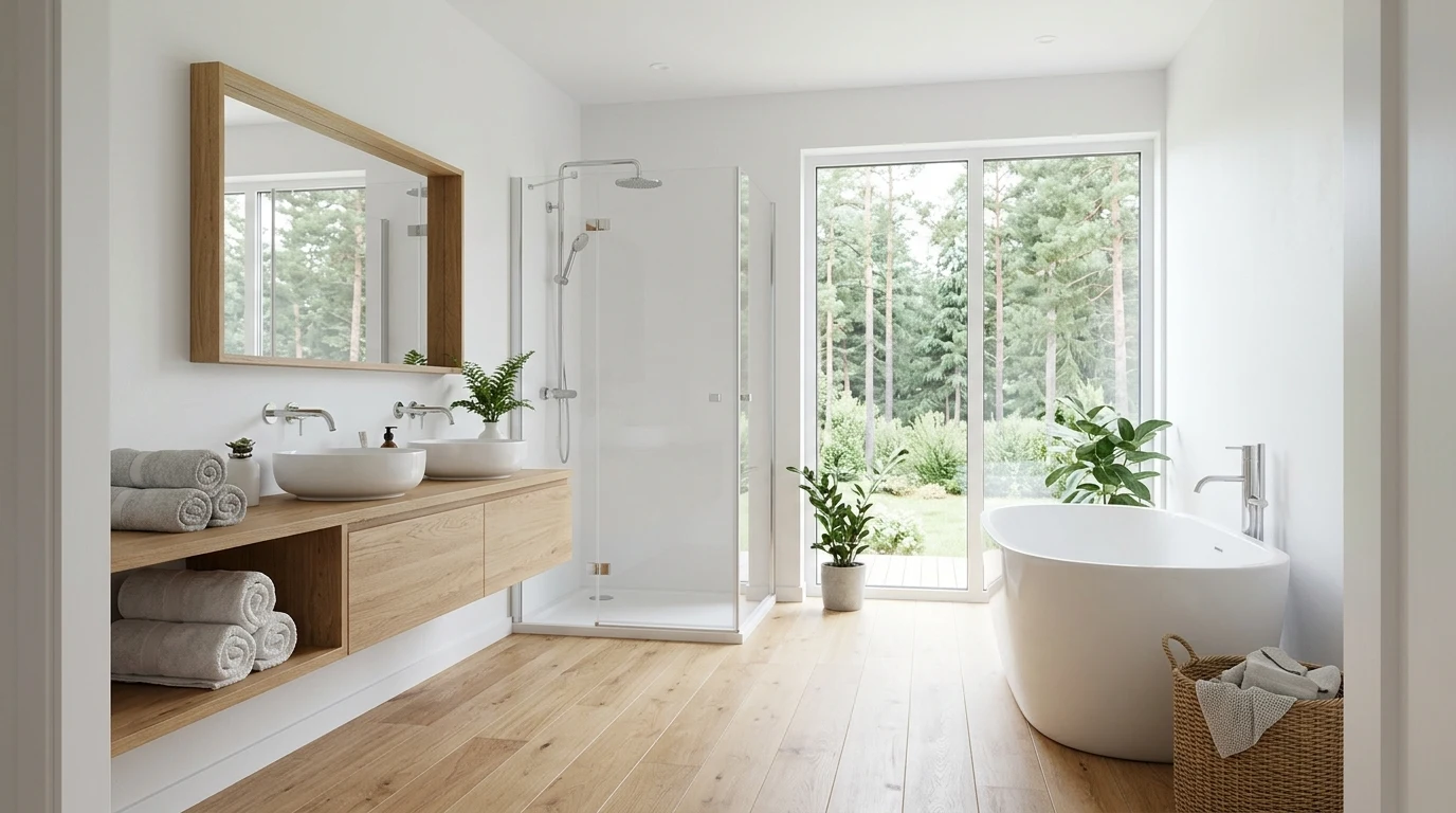 Bathroom with linen closet built in and hidden hamper storage