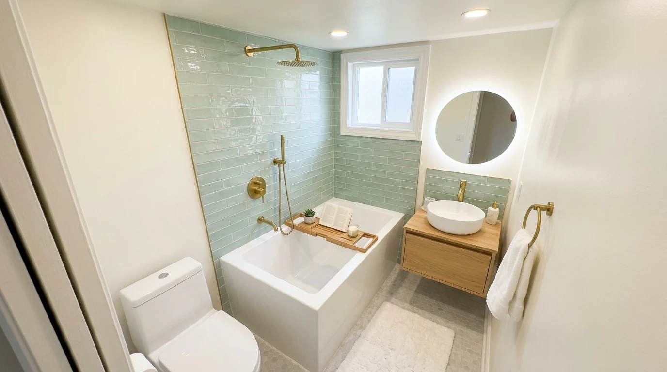 Minimalist bathroom with white walls