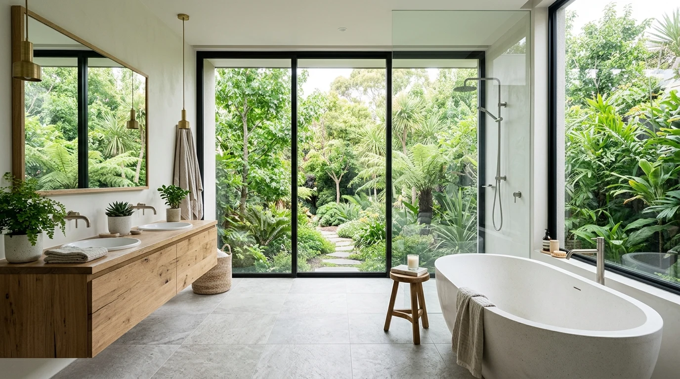 Moody spa bathroom with charcoal tile and candlelit shelf