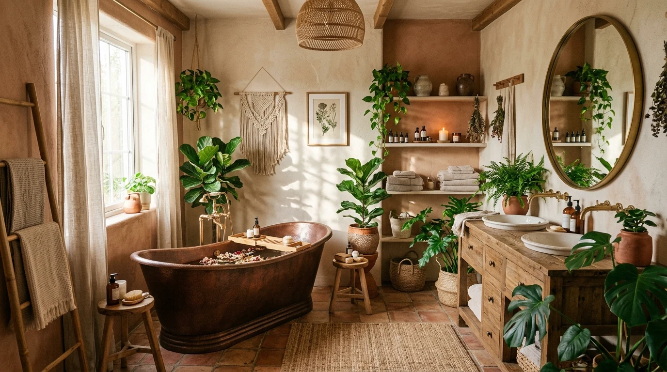 Farmhouse spa bath with wood vanity and creamy tile