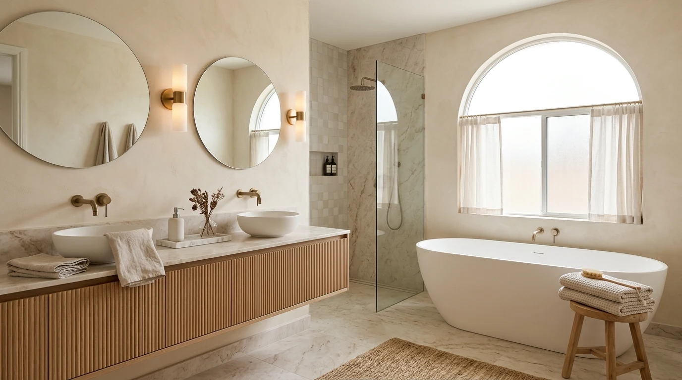 Compact ensuite with wall mounted faucet and large mirror