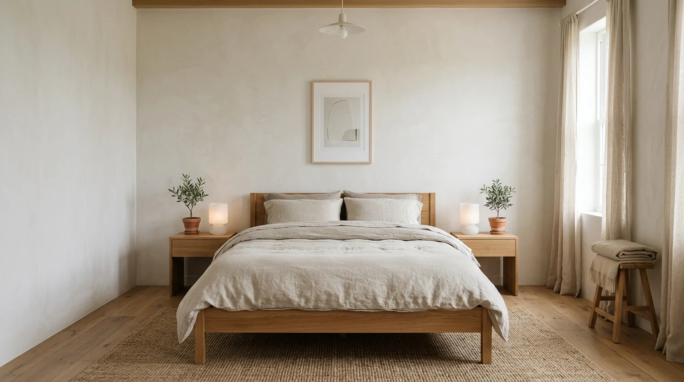 Minimal bedroom with organic wool mattress layers and linen duvet
