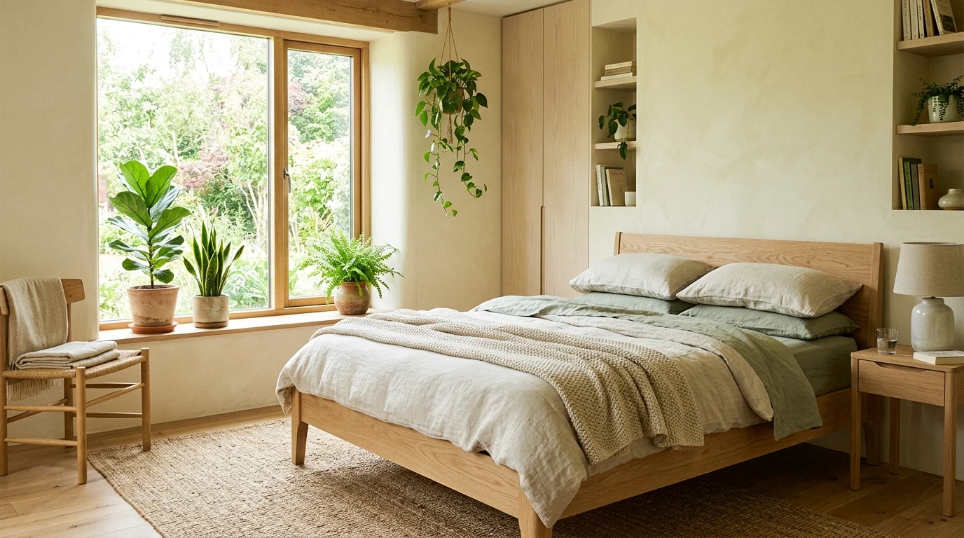 Natural bedroom with low platform bed and woven rug