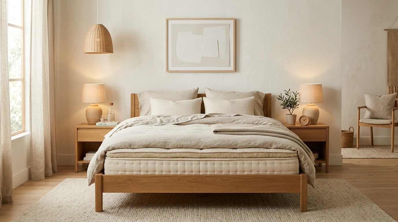 Cozy sleep space with organic cotton sheets and warm neutral palette