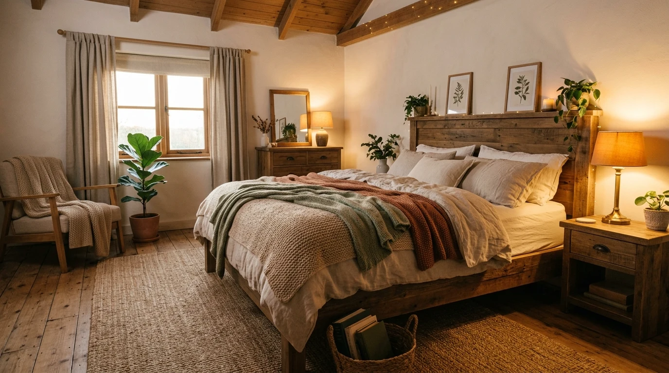 Scandinavian bedroom with certified organic mattress and simple oak nightstands