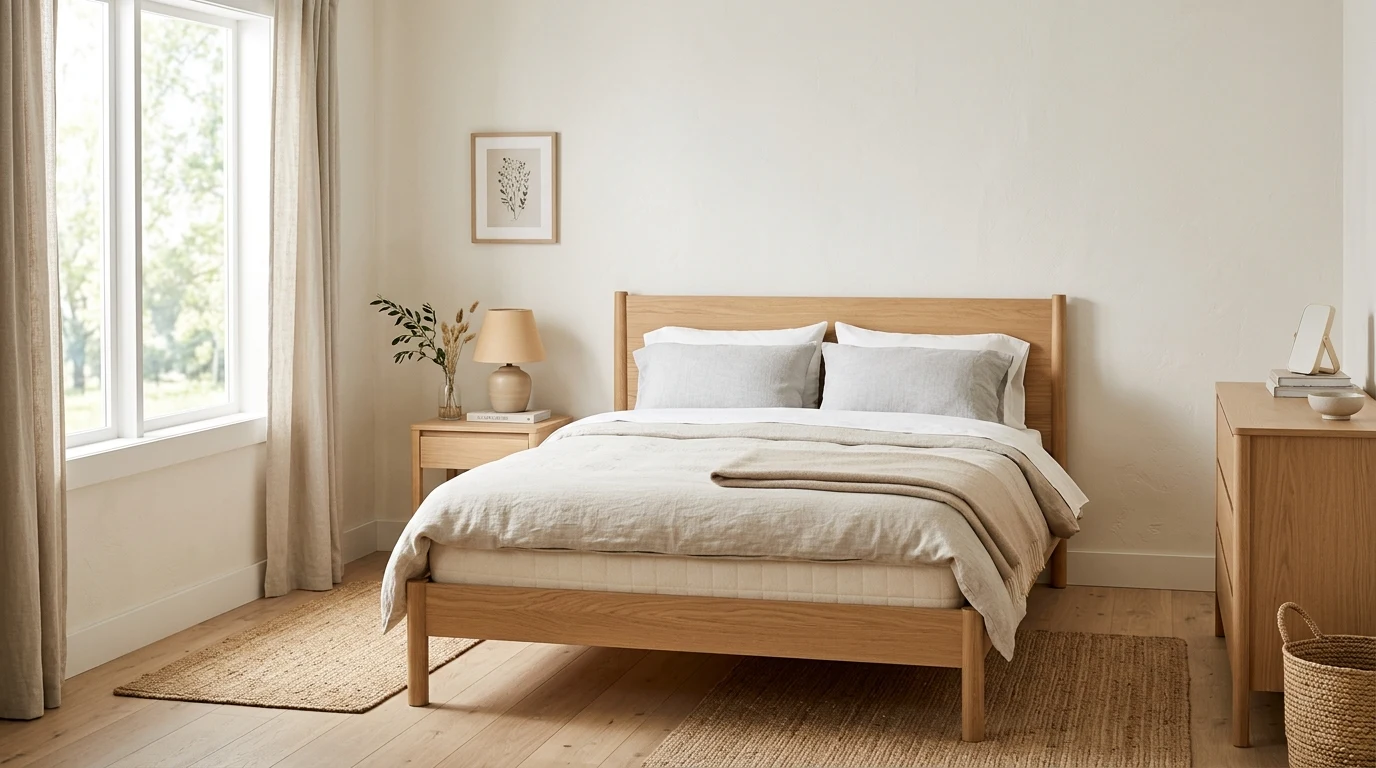 Modern bedroom with breathable mattress on slatted frame and uncluttered surfaces