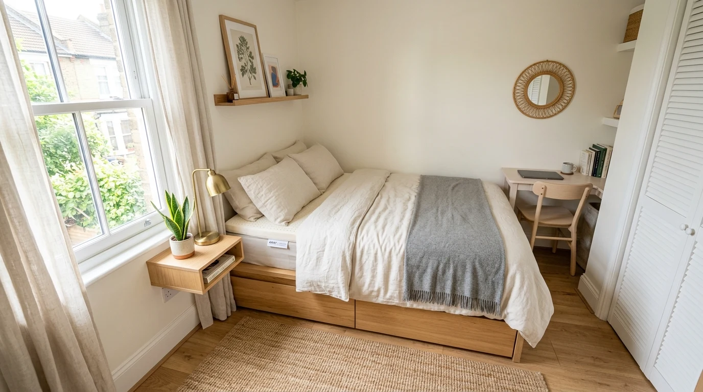 Luxury wellness bedroom with layered natural bedding and quiet lighting
