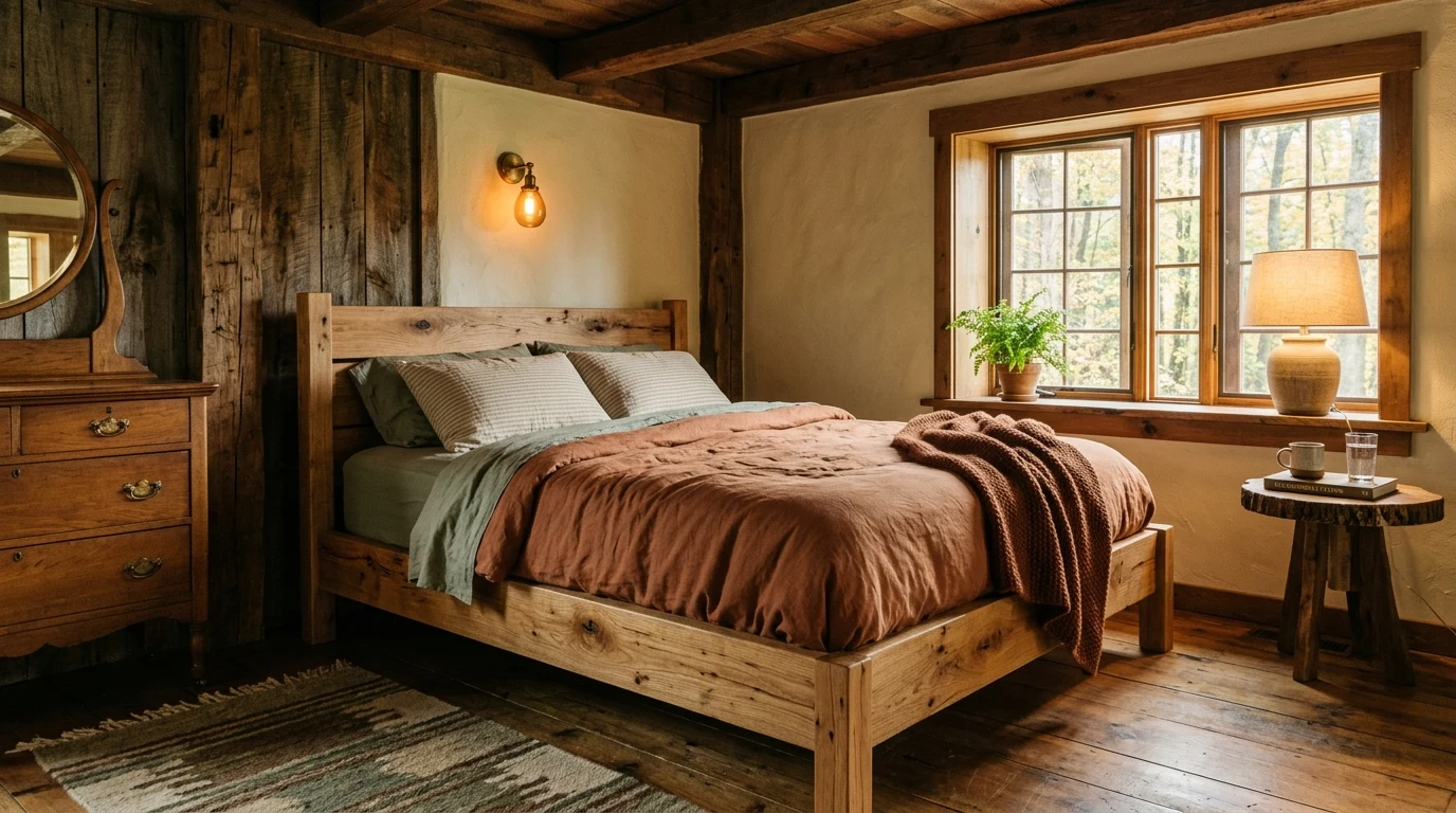 Small apartment bedroom with organic mattress and compact storage bed