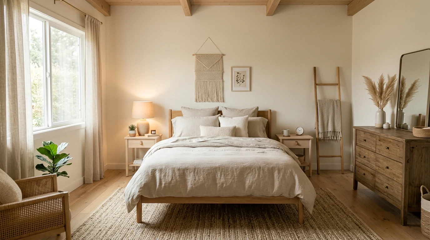 High end bedroom with natural materials
